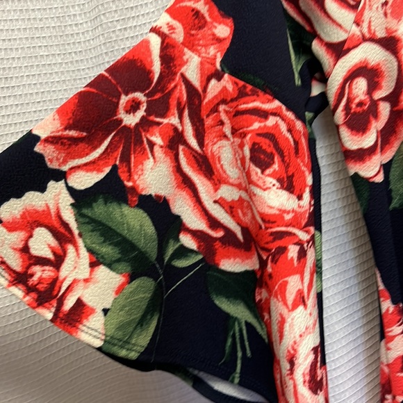 Espresso navy with pink floral bell sleeve pull over XL elastic neckline dress - Picture 2 of 11